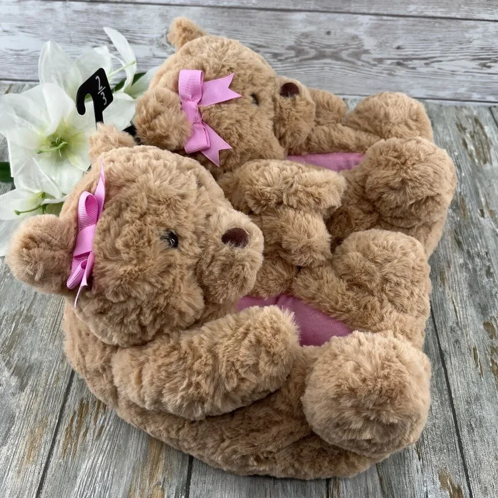 Little Girls Plush Teddy Bear Slippers Shoes Size 2/3